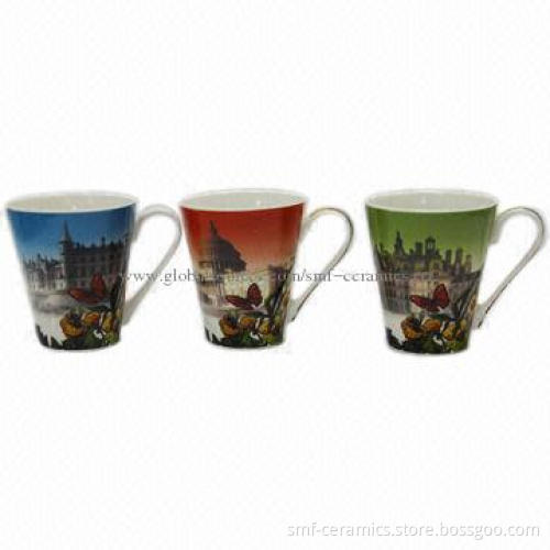 12oz New Bone China Drum Mug, Butterfly Decal Design, Customized Designs, Various Colors and Shapes